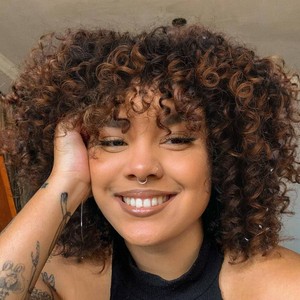 $27 Curly Afro Wig with Bangs Short Kinky Curly Wig for Women Synthetic Ombre Brown Curly Wigs Shoulder Length Glueless Afro Wig (1B30#)