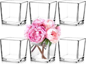 $36 6 Pack Square Glass Vases 5 x5 x 5, Clear Flower Vases  Candle Holder for Centerpieces, Wedding Party Home Decor