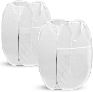Pop Up Laundry Hamper, 70L Collapsible Mesh Laundry Basket with Side Pocket, Foldable Dirty Clothes Hamper with Sturdy Reinforced Handles for Home Dorm Bedroom Travel Storage, White, 2Pack
