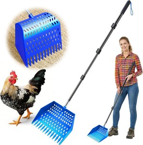 $33 Chicken Poop Scooper & Rake 3 in 1 - Aluminum Alloy Chicken Coop Scoop & Snap-Lock Telescoping Adjustable Handle (16 to 44), Sand Sifter Shovel for Small Farm Animals US Patent Pending (Aqua Blue)