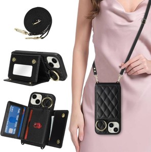 for iPhone 14 Case with Card Holder and Strap for Women,Crossbody Lanyard, Make Up Mirror,Ring Stand,Snap Clasp,Cute Phone Wallet Cases 6.1 inch - Black