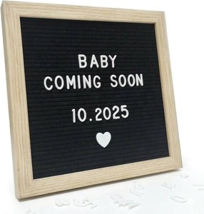Black Felt Letter Board 10x10in, Baby Announcement Sign, 336 Letter Kit  Pregnancy milestone display with wooden frame, wall mount or stand for nursery photos and keepsake moments
