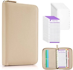 SEEKIND A6 Budget Binder, Money Saving Binder with Zipper Envelopes, PU Leather Wallet Budget Planner,Cash Envelopes and Expense Budget Sheets for Budgeting (Cream)