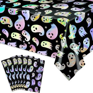 Whaline 6Pcs Halloween Plastic Tablecloths 54 x 108 in Iridescent Ghost Disposable Color-Changing Table Cover Waterproof Holographic Ghost Rectangular Table Cloth for Spooky Halloween Party Decor