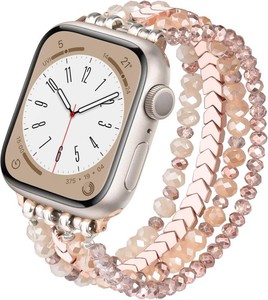 Beaded Bracelet Apple Watch Band for Women 38mm 40mm 41mm 42mm  Fashion Handmade Elastic Strap, Crystal Rose Gold iWatch Bands for Apple Watch Series 1 11, SESE3, Hypoallergenic & No Clasp