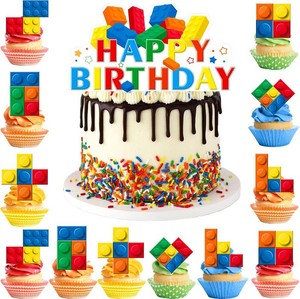 Building Blocks Cake Topper, 24 Pcs Building Block Birthday Party Cupcake Toppers 1 Pcs Building Block Birthday Cake Topper Building Blocks Cake Decorations