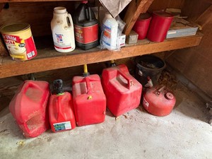 Fuel Cans & Chemicals Mixed Lot - Garden, Pond & Automotive Supplies - contents unverified