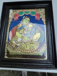 Framed Tanjore Devotional Painting Depicting Yashoda and Baby Krishna - Gilded Decorative Wall Art - Gesso Work & Gold Foil