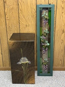 Stained Glass Panel & Decorative Black Lacquer Floral Pedestal Stand