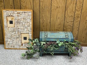 Decorative Wine Cork Wall Art & VTG Ornately Painted Rectangular Box w Floral & Bird Designs