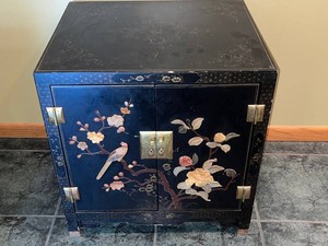 Asian Decorative Cabinet - Black Lacquer Floral Inlay 22 W X 18 D X 24 T