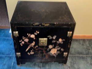 Asian Lacquer Cabinet Black Floral Inlay 22 X 18 X 24 in