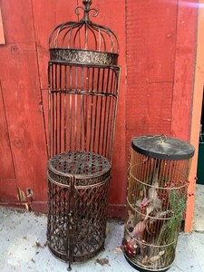 Wrought Iron Wine Glass & Bottle Decorative Holder & Iron Decorative Bird Cage - Brass Like Finish (Lot of 2)