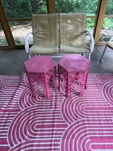 Homecrest Patio Furniture Set - Two-Seat Glider Bench, 2 Pink Side Tables & Outdoor Mat