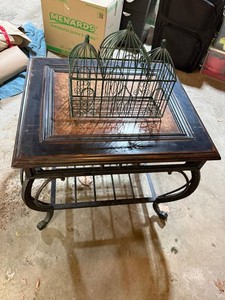 Decorative End Table With Birdcage Centerpiece - Wrought Iron & Wood - matching coffee table in separate lot