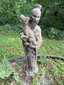 Garden Statue - Stone Scholar Holding Dragon