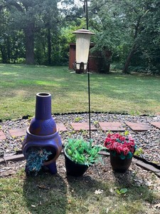 Outdoor Garden Decor Mixed Lot Chiminea, Hanging Feeder & Planters