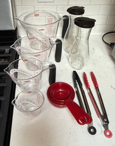 OXO Measuring Cups, Glass Cruets & Tongs Mixed Kitchen Lot