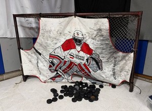Regulation Hockey GoalNet with Snipers Edge Goalie and Assorted Pucks