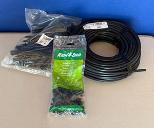 Rain Bird Drip Irrigation Components With Tubing and Pressure Compensating Drippers