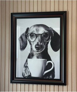 Framed Black and White Dachshund Drinking Coffee Portrait Wall Art 28.5x22.5