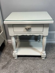 White Nightstand Side Table With Glass Top & Drawer 22x17
