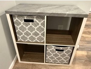 4-Cube Storage Cabinet With Faux Marble Top and  2 Fabric Bins 30x14.5x30