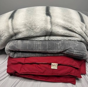 Woolrich Blanket, Gray Fleece Blanket and Body Pillow Lot of 3