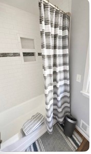 Gray Stripe Shower Curtain & Bath Mat Set with Trashcan