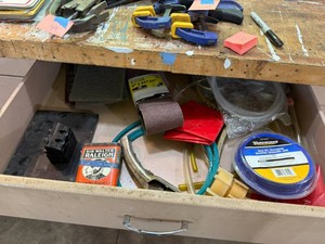 Drawer of Misc - Trimmer String, Sandpaper, Oil Filter Wrench