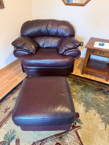 Overstuffed Burgundy Armchair & Matching Ottoman Set