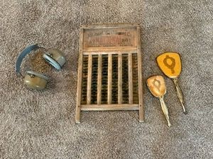 Washboard, Vintage Hand Mirror & Brush & Ear Protectors