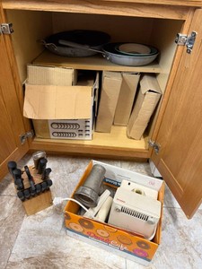 Drawer of Mixed Dinnerware, Knives & Pans