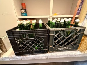 2 Dairy Totes of Green Glass Wine Bottles with Caps (24 total)