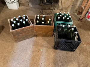 Wood Boxes & Dairy Totes with Green Glass Wine Bottles & Covers