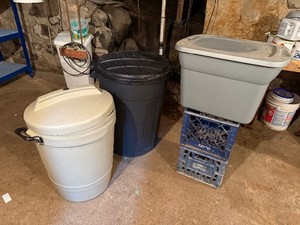 2 Garbage Cans with Lids, 2 Dairy Totes & 1 Tote with Lid