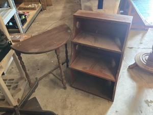 Wooden Demilune Table and Heart-Cutout Bookshelf