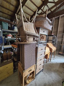 Lot of Wicker Furniture and Storage Items including Chairs, Drawers, and Baskets