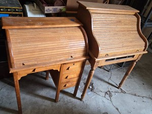 Lot of 2 Wooden Roll-Top Desks with Drawers