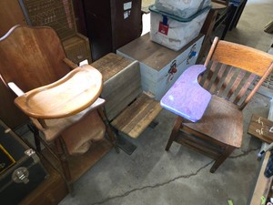 Wooden Convertible High Chair (See Pics), School Desk, and Chair with Attached Writing Surface