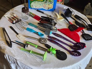 Various Kitchen Utensils and Tools Lot including Farberware Can Opener, Whisk Set, Tongs, Measuring Cups, and Spoons