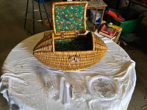Football Shaped Wicker Picnic Basket Set with Plastic Utensils and Plates