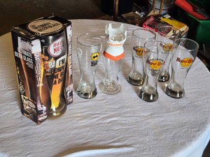 Assorted Beer Glasses including Hard Rock Cafe and Hooters Tall Glasses and Beer Nuts Ultimate Beer Glass in Box