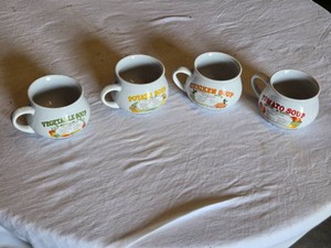 Vintage Soup Mug Set Including Vegetable, Potato, Chicken, and Tomato Recipes