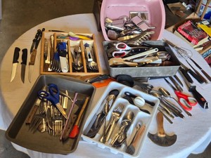 Assorted Kitchen Utensils and Cutlery including Knives, Scissors, and Silverware