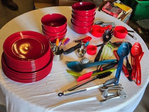 Set of Red Dinnerware and Utensils and Cups