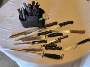 Wusthof and Other Brand Knives Including Chefs Secret, Meat Thermometer and Sharpening Steel