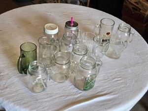 Glassware Collection including Bacardi Oakheart Mug, Dewshine Jar, and White Squirrel Festival Mug