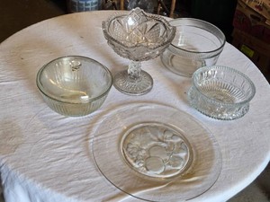 Cut Glass Pedestal Bowl, Covered Glass Dish, and Etched Plate