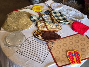 Kitchen and Dining Items, Including Baking Mat and Oven Mitts